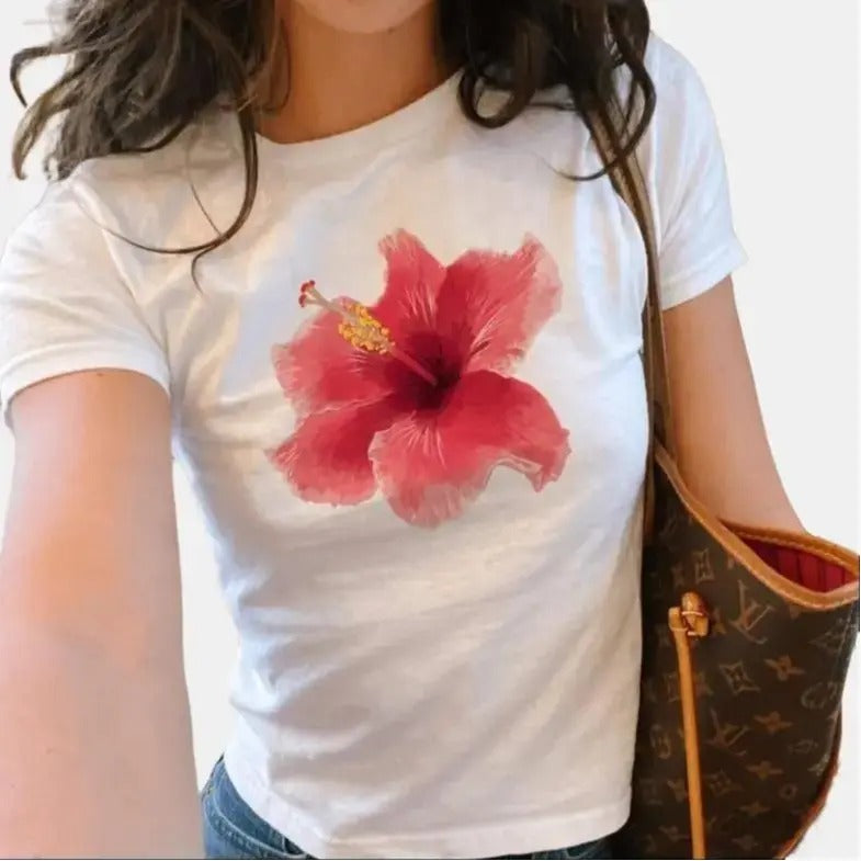 Flirty Pink Hibiscus Y2k Baby Tee, Y2k Shirt Trendy Baby Tee Coquette, Baby Tee 90s, Shirt Y2K Aesthetic Casual Comfort Cotton Crewneck