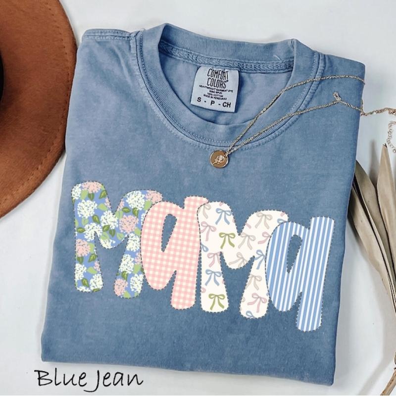 Floral Mama Shirt, Mom Spring Tee, Trendy Mom Tshirt, Women's Flower Mama Shirt, Pregnancy Reveal Gift, Blue Pink Bow Shirt