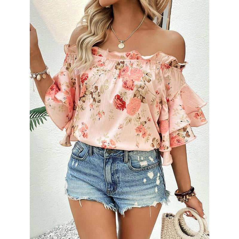 Floral Print Blouse Off Shoulder Ruffle Trim Half Sleeve Summer TopsY2K