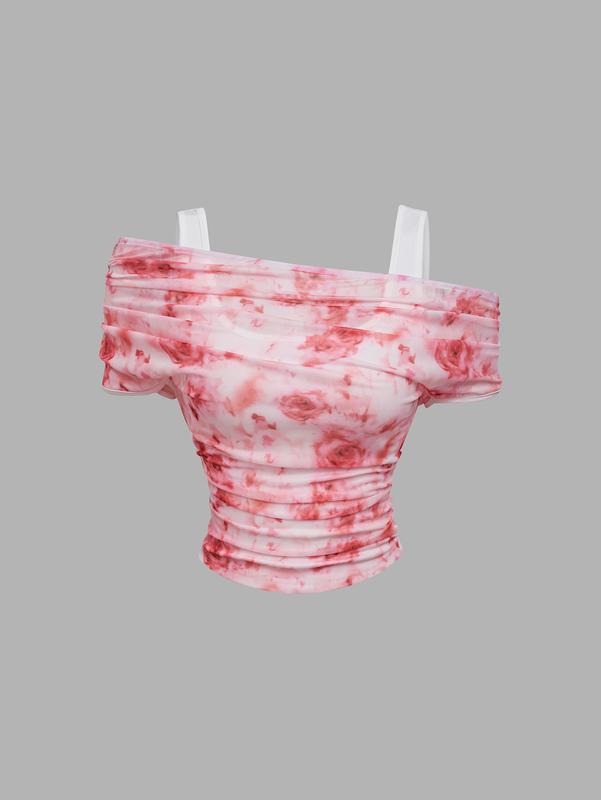 Floral Tie Dye Tee Cold Shoulder Ruched Short Sleeve Crop Tops Casual Fabric 2000s Cute Clothes