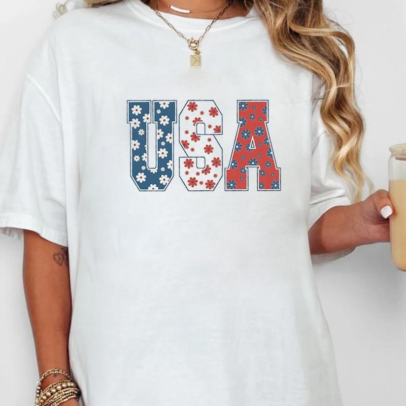 Floral USA Logo Print 4th Of July Party TShirt, America Independence and Memorial Day Gifts, Unisex Short Sleeve Cotton T-Shirt
