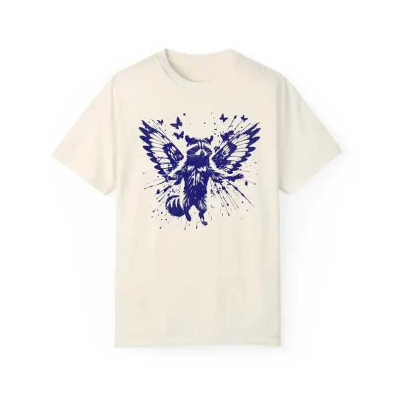 Flying Raccoon With Butterfly Wings Banksy Style Vintage Retro T Shirt, 90s Shirt, Funny Tee, Butterfly Shirt, Y2K Gift, gift For Him, gift For Her Top Menswear Underwear Streetwear Tshirt Round Neck Crewneck Shortsleeve