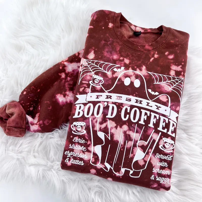 Freshly Boo'd Coffee Ghost Halloween Marbled Sweatshirt or Hoodie with sleeve print Comfy Womenswear Tops