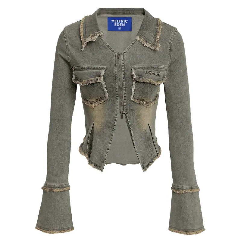Fringe Two-Way Zipper Denim Jacket