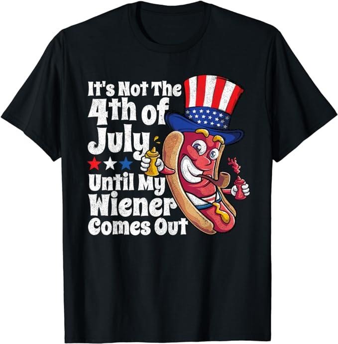 Funny 4th of July Shirts For Men, Funny 4th of July Hot Dog Wiener Comes Out Adult Humor Gift T-Shirt Menswear Top Casual Cotton