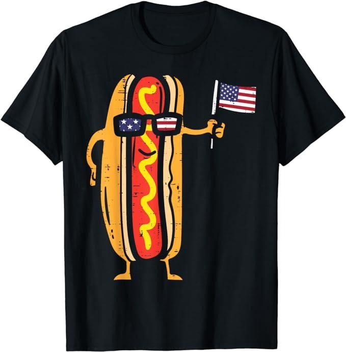 Funny 4th of July Shirts For Men, Hotdog Sunglasses American Flag T-Shirt Menswear Top Casual Cotton