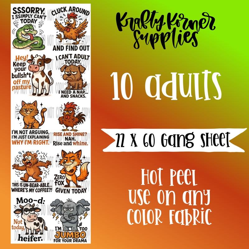 Funny Animals DTF Transfer Gang Sheet, 22 x 60