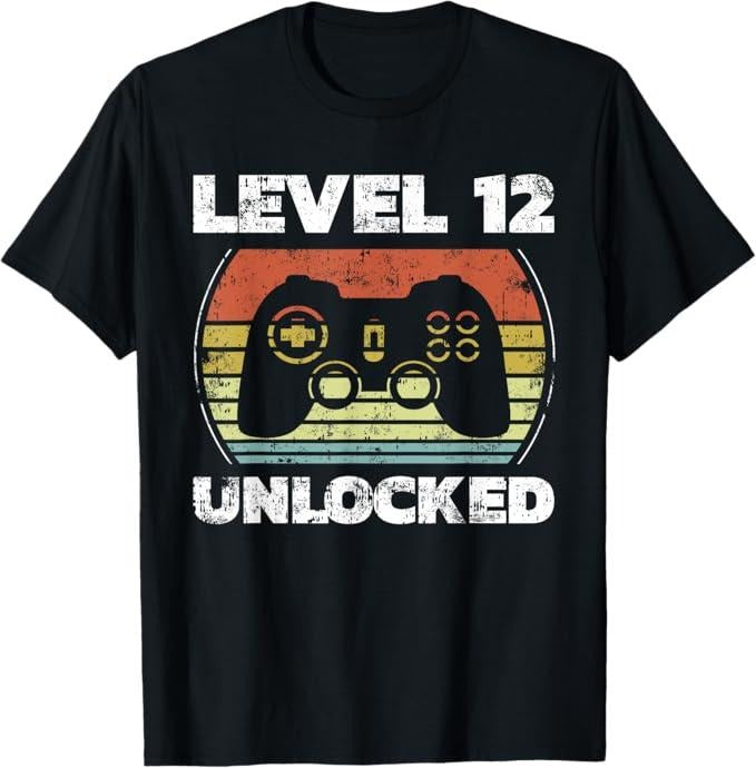 Funny Birthday Shirts, Level 12 Unlocked Funny Video Gamer 12th Birthday T-Shirt - Menswear Top