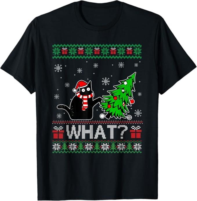 Funny Cat Shirts, Cat What Funny Black Cat Pushing Christmas Tree Ugly Xmas T-Shirt - Menswear Topstyle{n002}2