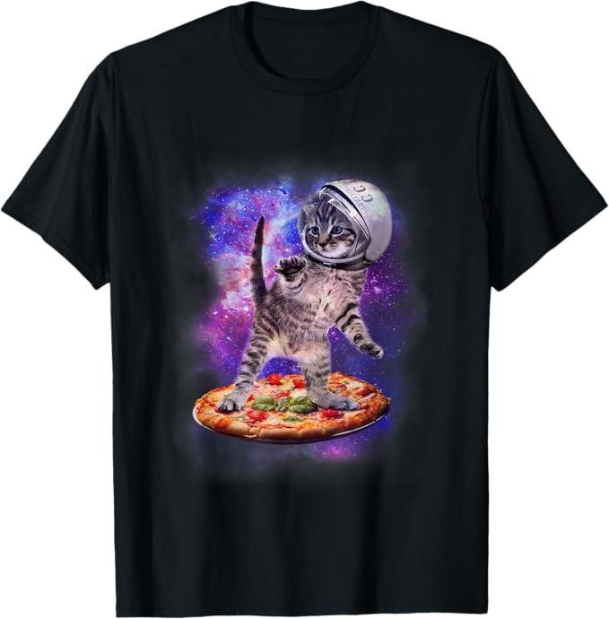 Funny Cat Shirts, Funny Cat Flying A Pizza Astronaut Kitten Space T-Shirt - Menswear Top