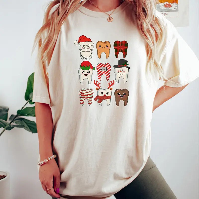 Funny Christmas Teeth Sweatshirt, Christmas Gift For Dentist, Christmas Dental Squad Collar Cotton Fabric Womenswear