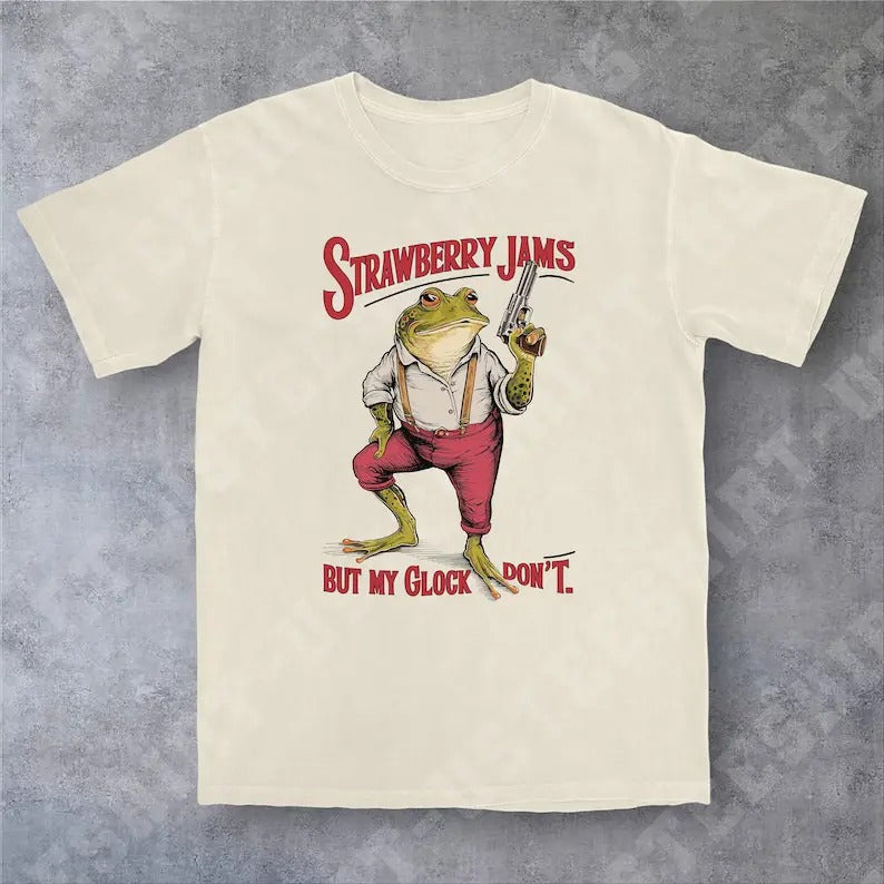 Funny Meme Shirt, Strawberry Jams But My Glock Don't Tee, Frog Y2K Gift Unisex T-Shirt
