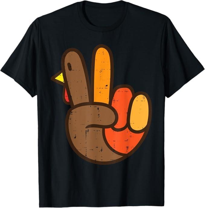 Funny Thanksgiving Shirts, Peace Sign Turkey Hand Cool Thanksgiving Hippie T-Shirt - Menswear Top