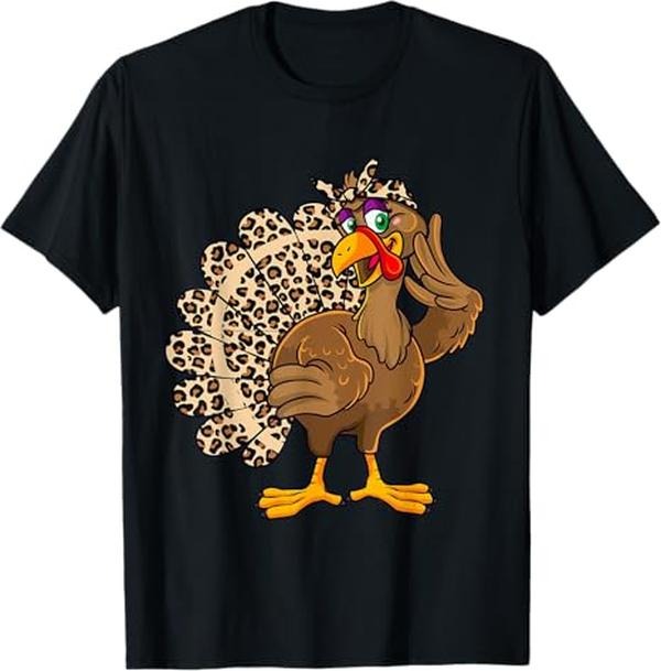 Funny Thanksgiving Shirts, Thanksgiving Turkey Women Girl Leopard Print Autumn Fall T-Shirt - Menswear Top