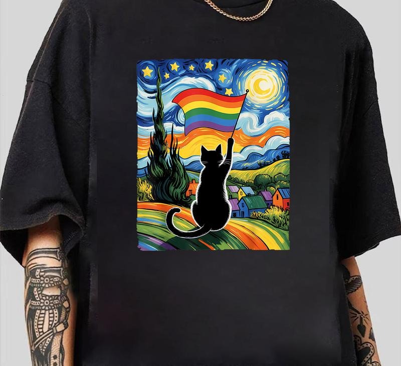 G@y Pride Cat Art Cat Starry Night Style LGBTQ Pride Support T-Shirt T-Shirt Soft Cotton Modern Style