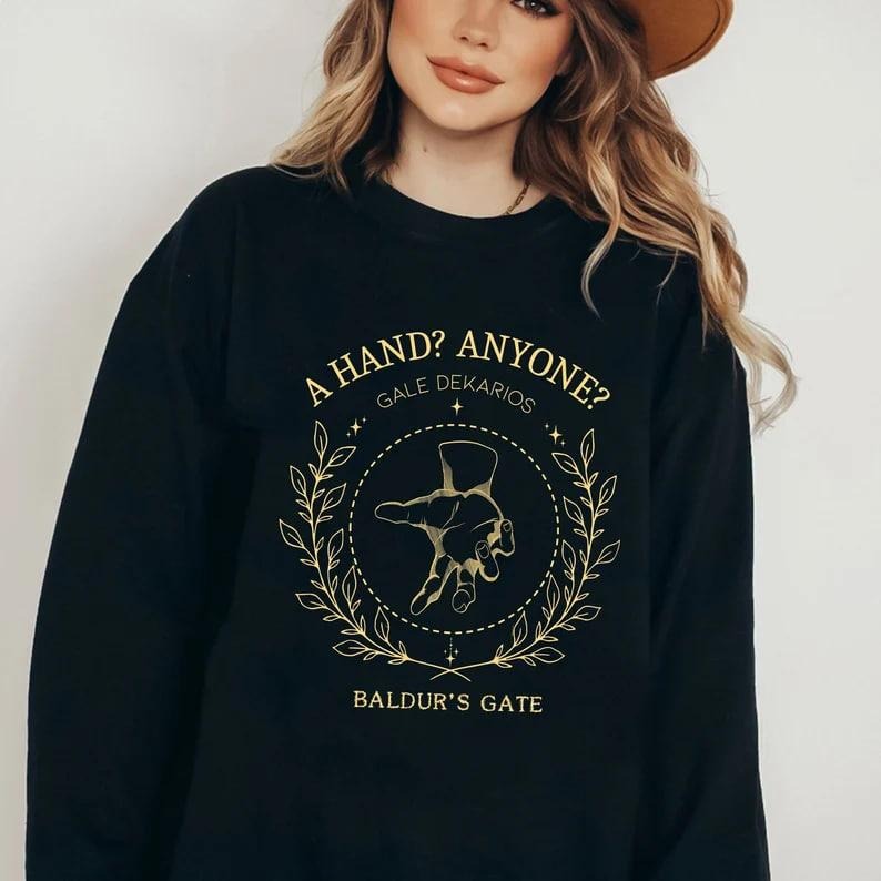 Gale Baldurs Gate 3 Sweatshirt, BG3, Gales Hand, Gale approves, Adventure Awaits, A hand, Anyone? Gale merch. A\ hand anyone Gale Unisex Crewneck Sweatshirt, Baldurs Gate 3 merch, bg3 sweatshirt, Astarion, Laezel, shadowheart, baldur's gate