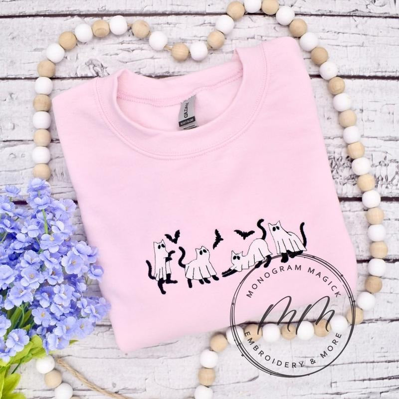 Ghost Cats Sweatshirt, Embroidered Ghost Sweatshirt