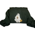 Ghost Embroidered Halloween Sweatshirt with Iced Coffee Design - Comfortable and Soft Cotton Crewneck Top for Women