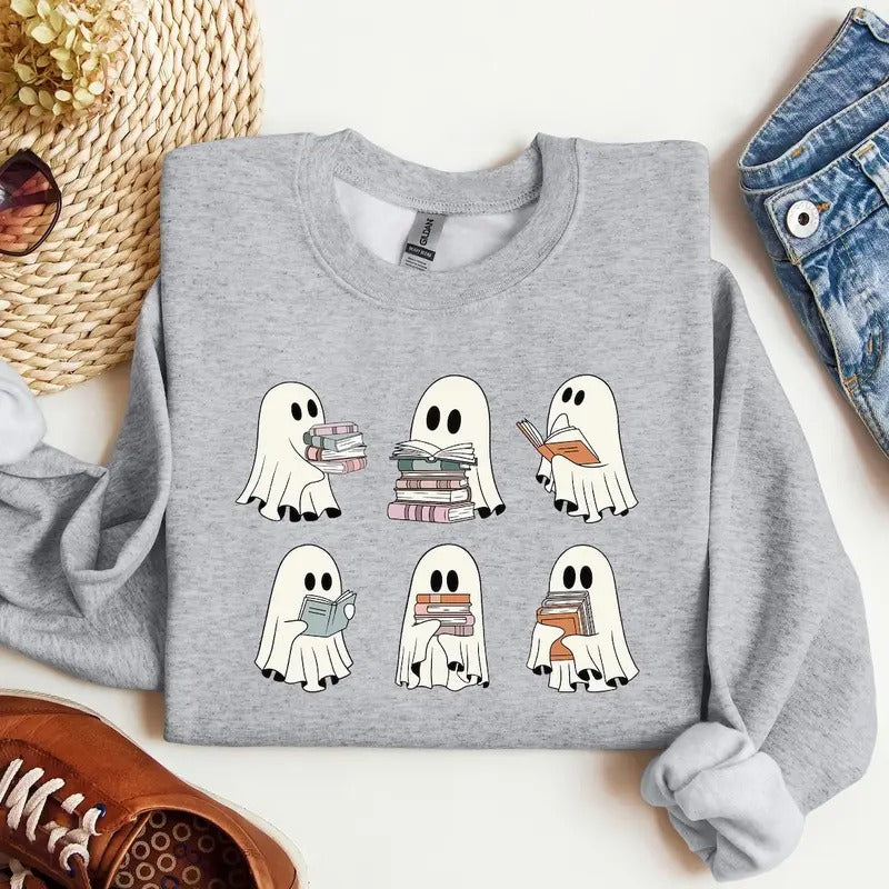 Ghost Reading Books Sweatshirt, Bookish Halloween Crewneck, Gift for Librarian Sweater, Funny Ghost Reading Shirt, Librarian Sweatshirt Cotton
