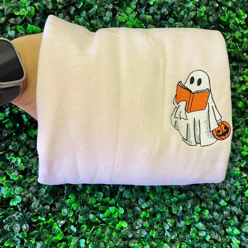 Ghost reading embroidered sweater