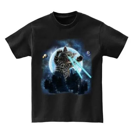 Giant Cat Burst Out from Forest Shooting Laser - Short Sleeve Unisex, Men Made in USA