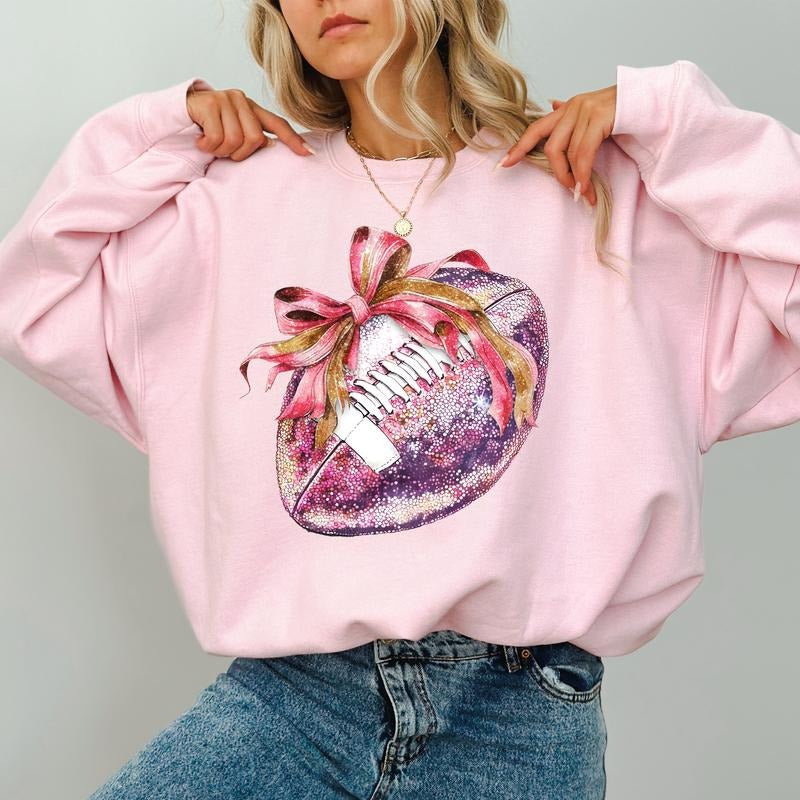 Glitter Football Coquette Bow Sweatshirt, Girly Pink Coquette Football Shirt for Girls, Cheerleading Outfits, Football Sweatshirt For Women, Touchdown Season Crewneck, Comfy Long Sleeve Pullover, Women's Tops, Casual Womenswear, Comfort Fabric Cotton Tops