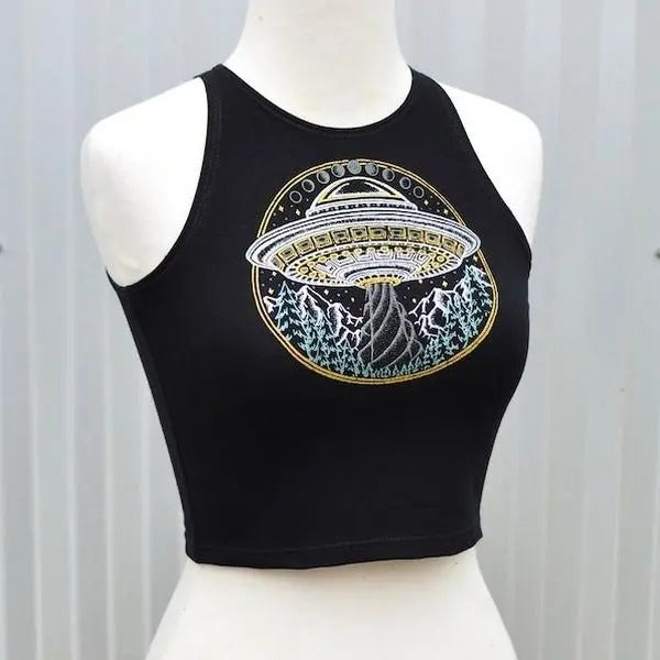 Glow in the Dark Alien UFO Crop Top - Black Crop Top - Women's Fitted Crop Top