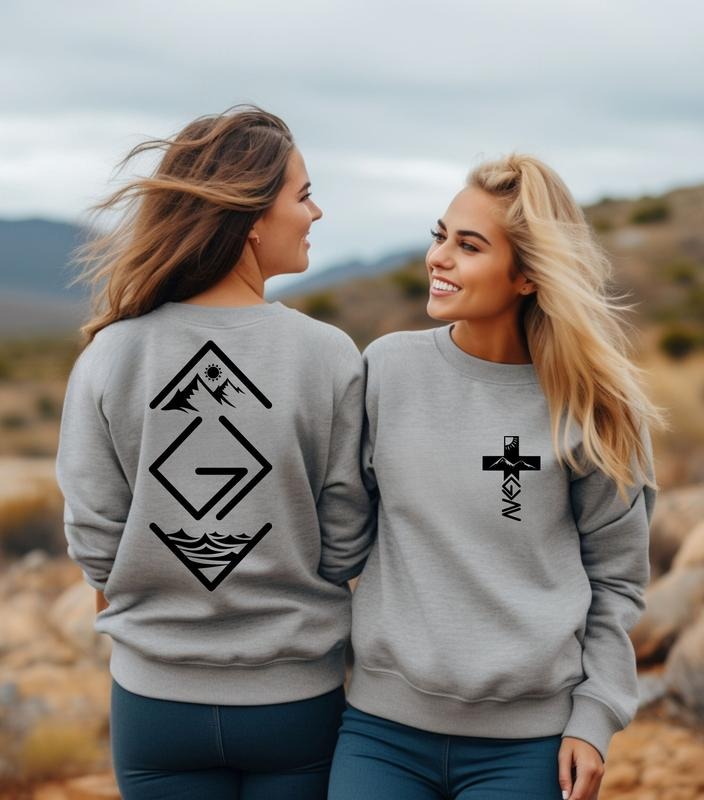 God Is Greater Than The Highs And Lows Sweatshirt, Christian Shirt, Cross on Sleeve, Couples Gift Casual Cotton Fabric Fit Jersey Womenswear