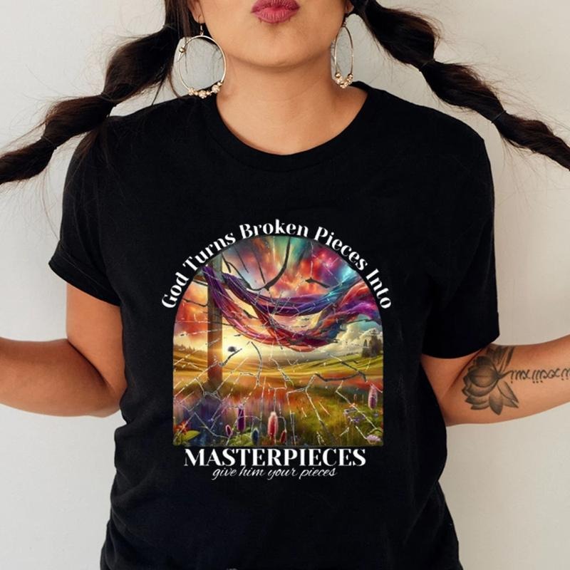 God Turns Broken Pieces Into MAsterpieces Christian Shirt Cotton Casual Street Style Crew Neck Short Sleeve T-Shirt Trendy Top for Women for Men, Perfect Gifts