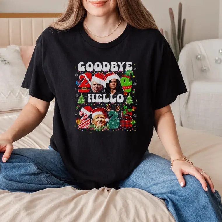 Goodbye 2024 Hello 2025 Christmas Trum Shirt, Funny Holiday Tee, Trum 2025 T-Shirt, Political Christmas Humor Shirt, New Year 2024