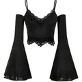 Goth Y2k Lace Trim Cold Shoulder Bell Long Sleeve Crop Tops