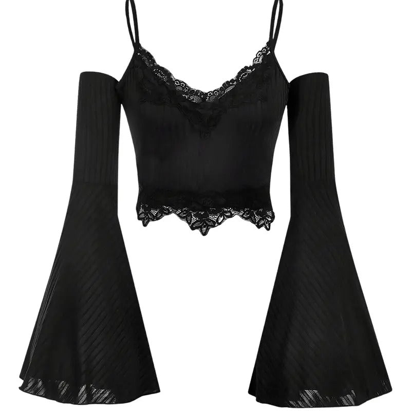 Goth Y2k Lace Trim Cold Shoulder Bell Long Sleeve Crop Tops
