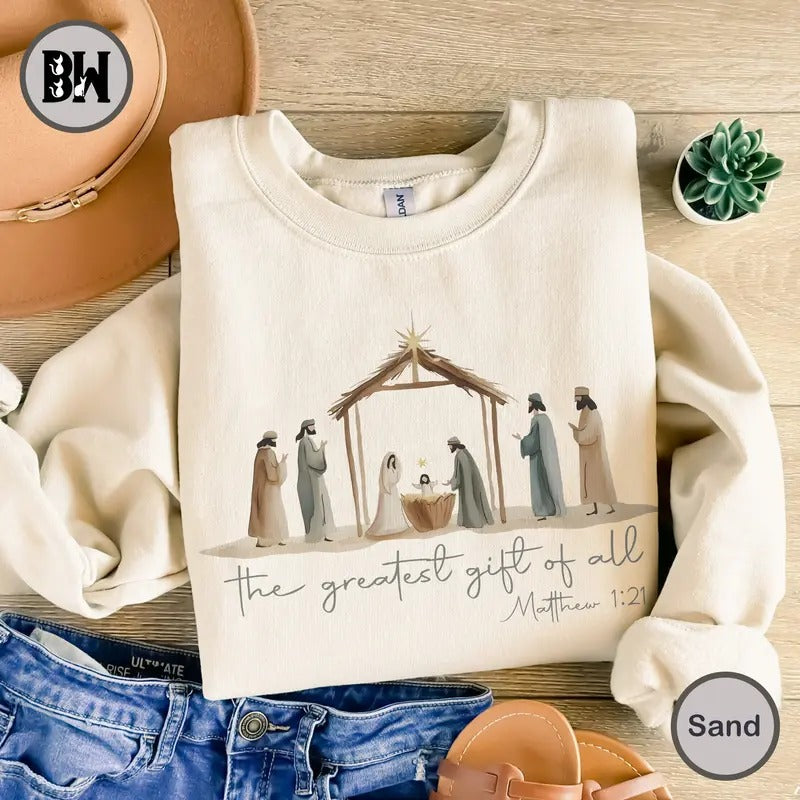 Greatest Gift Of All Sweatshirt, Bow Nativity Coquette Christmas Shirt, Jesus Christmas Shirt, Christmas Shirt