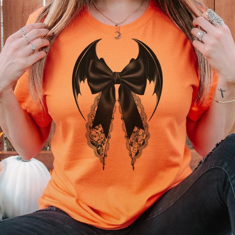 Halloween Bow Tshirts Bat Bow Tees Black Bow Halloween Tops Spooky Witch Social Club T-Shirts Coquette Halloween Tshirts