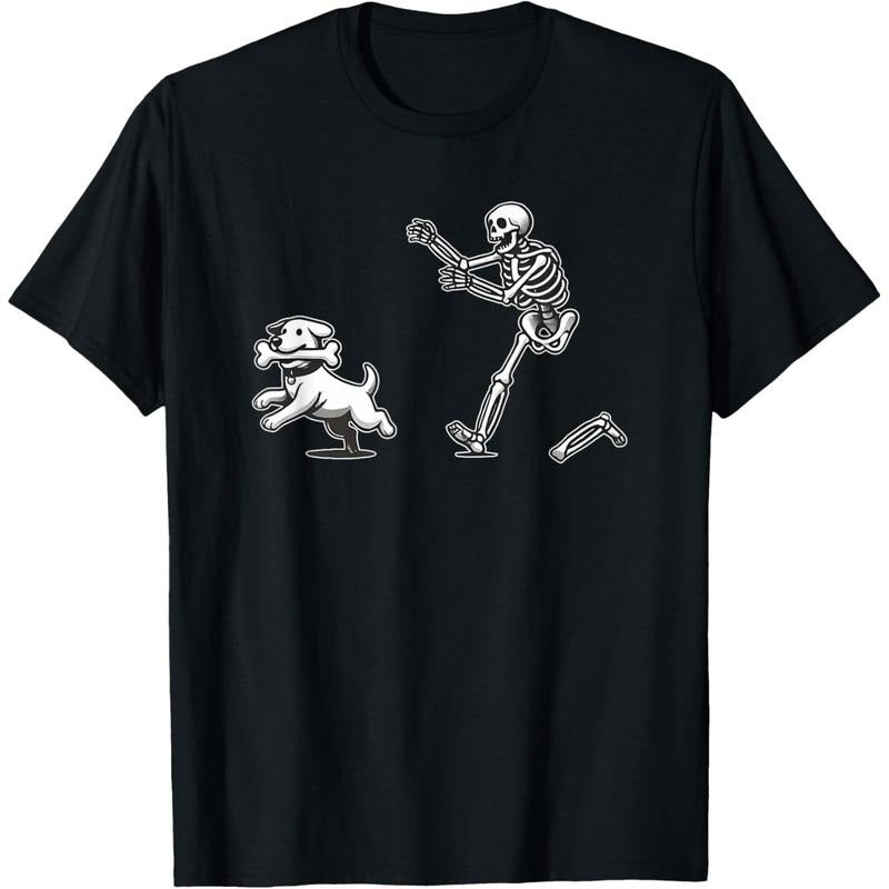 Halloween Dog, Funny Skeleton, Skeleton Chasing Dog T-Shirt made in usa