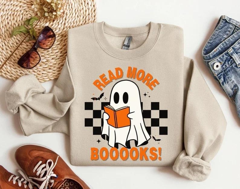 Halloween Ghost Read More Books Teacher Librarian Sweatshirt Halloween Gift Spooky Season Trendy Shirts Gift for Halloween Book Lover Gift, Ghost Book Sweatshirt
