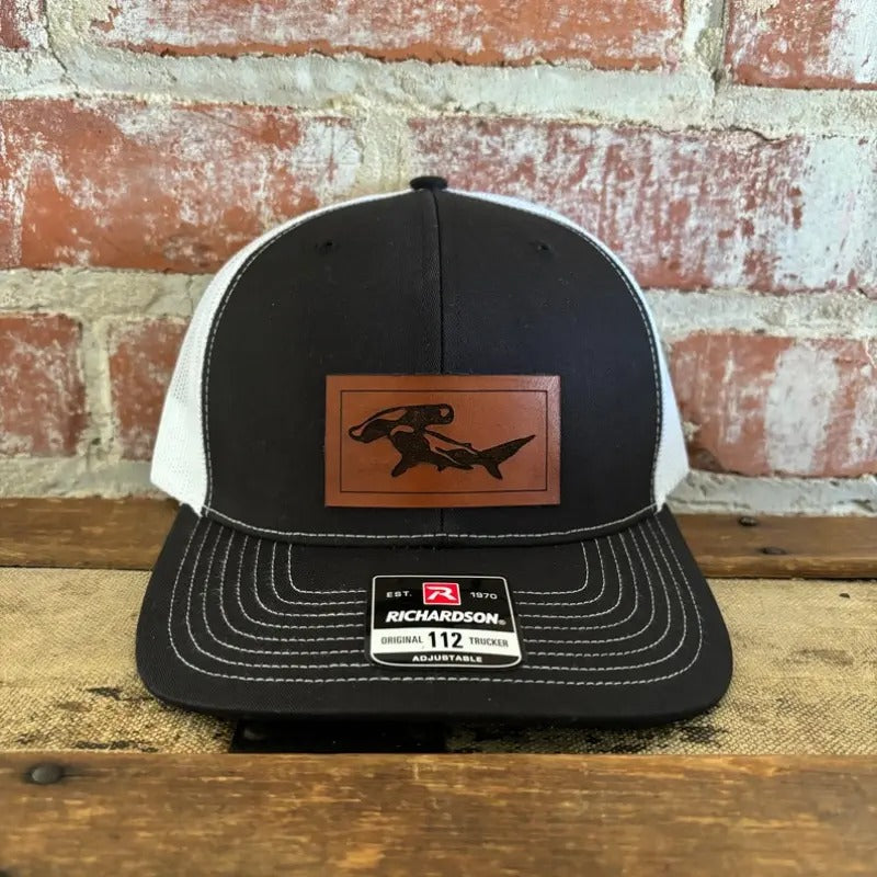 Hammerhead Shark leather patch Hat, Richardson 112, trucker hat