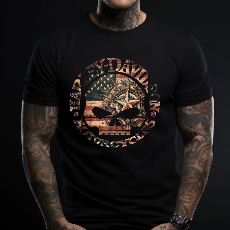 Harley Skull American Flag USA T-Shirt Harley Shirt Harley Skull Unisex T Shirt Made in USA
