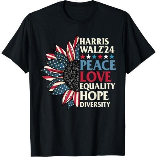 Harris Waltz 2024 Peace Love Equality Hope US Flag Sunflower T-Shirt made in usa