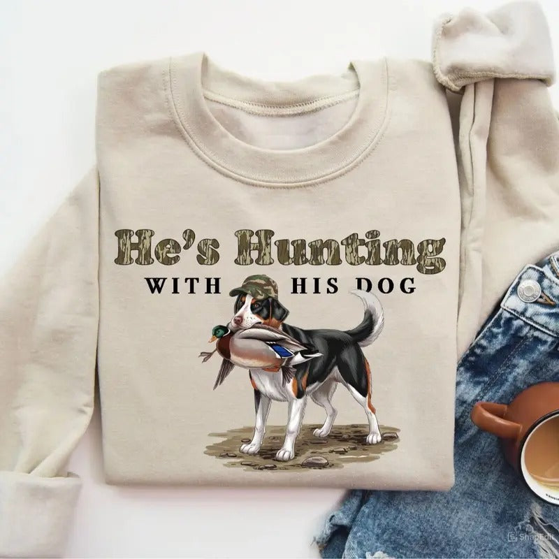 He's Hunting with His Nova Scotia Duck Tolling Retriever Dog Unisex Crewneck Sweater, Hunting Camo Bottomland Duck Hunt Shirt