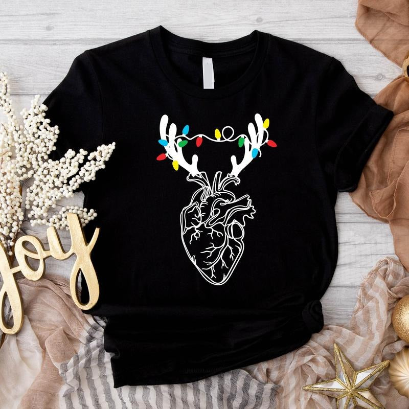 Heart Anatomy Christmas Shirt, Christmas Light Nurse T-Shirt, Reindeer Heart Tee, Anatomical Heart Xmas Gift Tee, Cath Lab RN T-Shirt, Human Heart Holiday Tee.