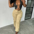 High Waist Khaki Cargo Multi Pocket Pants