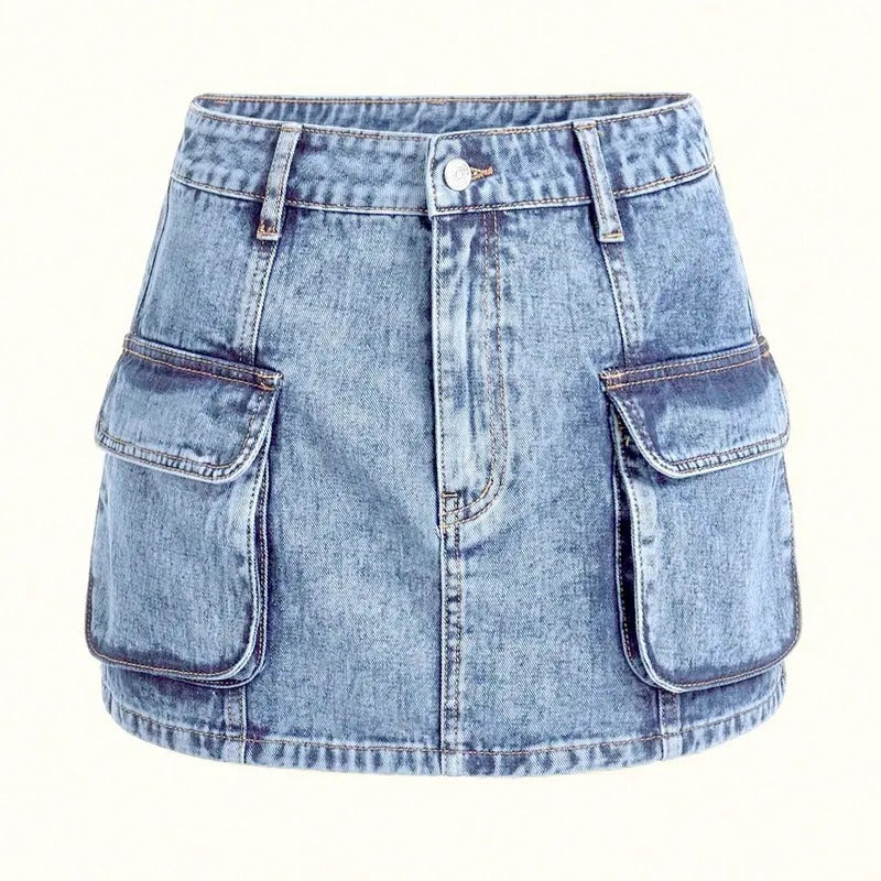 High Waisted Denim Mini Skirt Flap Pocket Bodycon Jean Cargo SkirtsY2K
