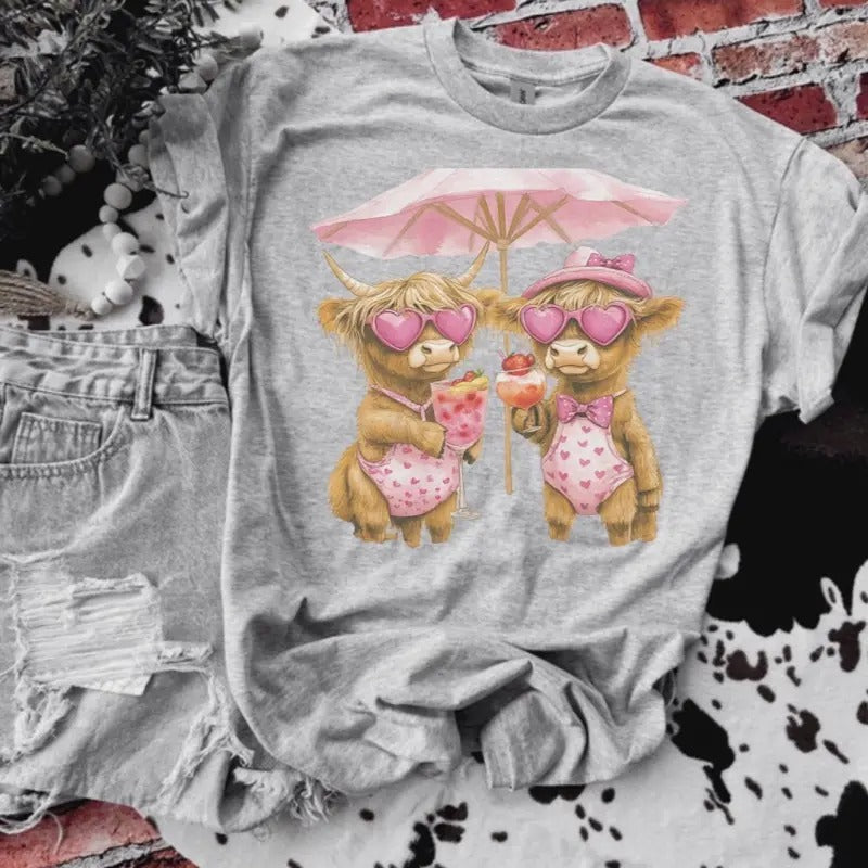 Highland Cows Summer Time Ash Grey T-Shirt - Bleached - Gildan - Unisex