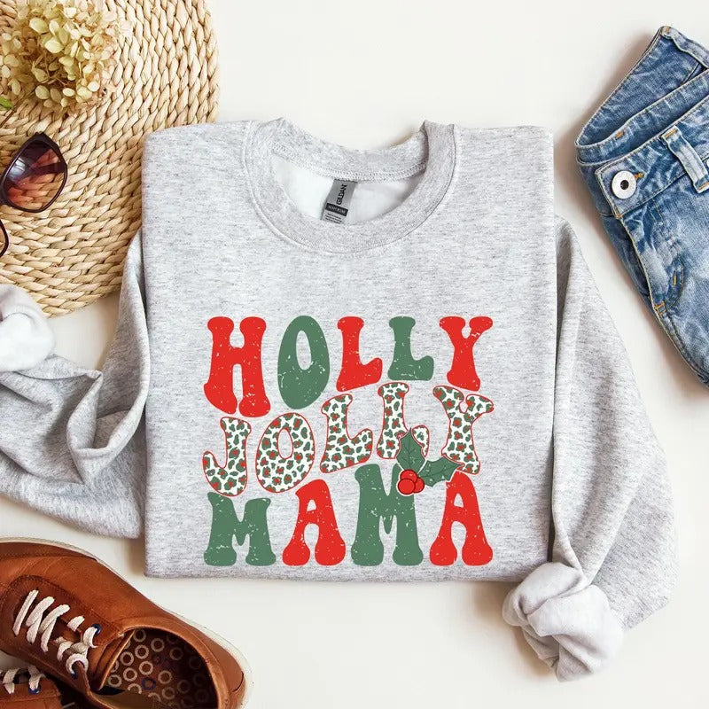 Holly Jolly Mama, Christmas, Winter, Santa, Xmas Sweatshirt, Women's Crew Neck, Crewneck