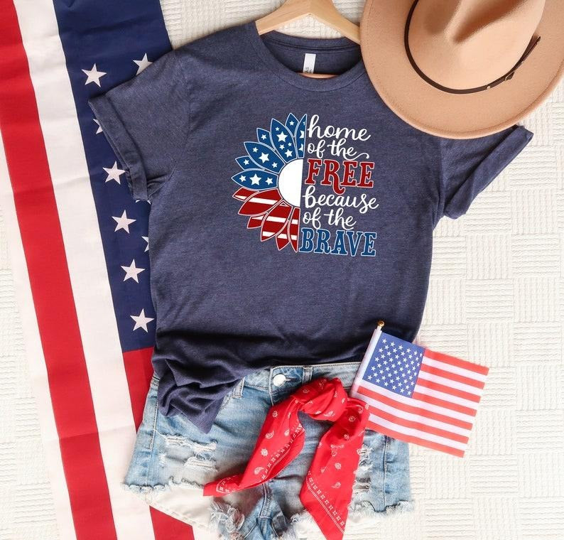 Home Of The Free Because Of The Brave Shirt, USA Flag Shirt, Patriotic Shirt, American Sunflower Shirt, 4th Of July Shirt, Independence Day