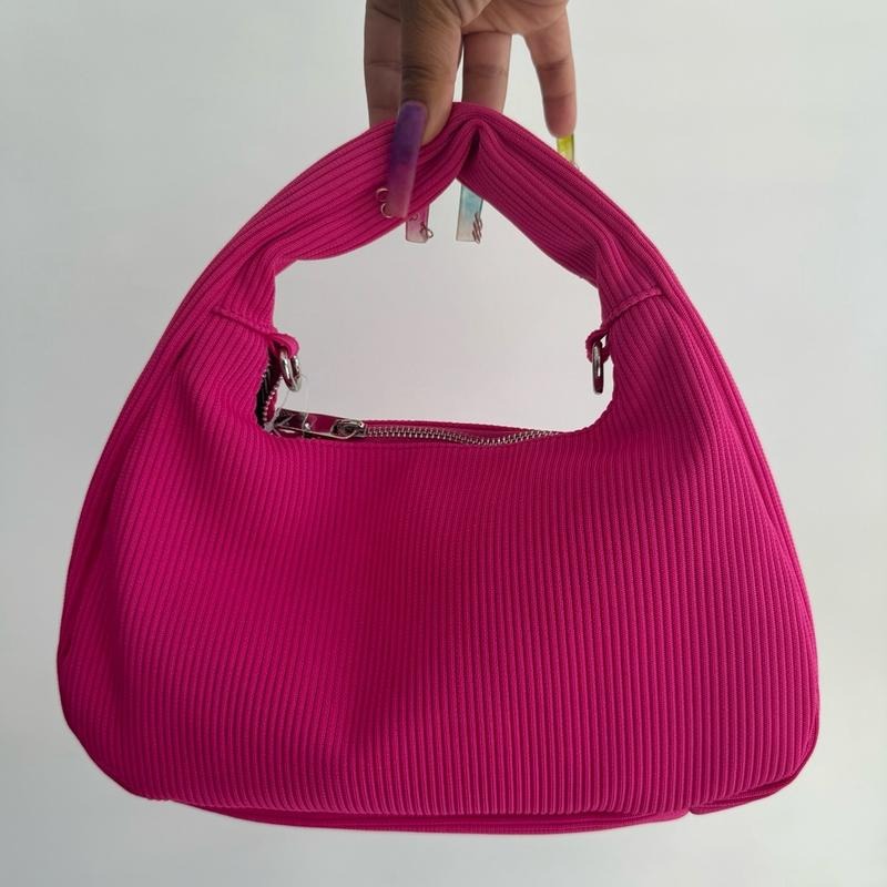 Hot Pink Ribbed Short Handle Zippered Handbag