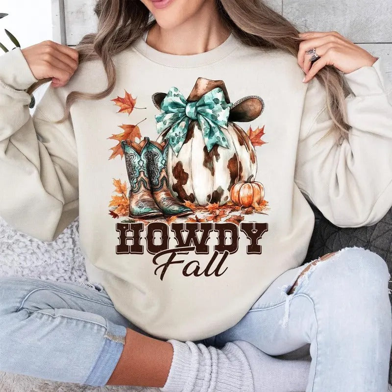 Howdy Pumpkin Western Fall Autumn Coquette Bow Crewneck Sweatshirt, Fall Vibes Western Country Fall Cowgirl Shirt