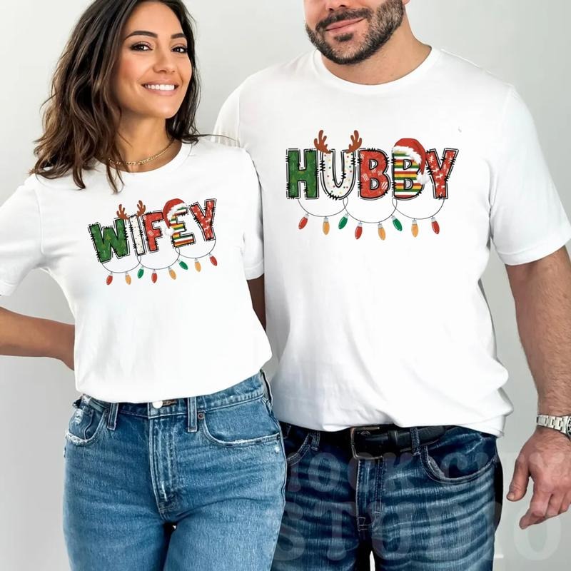Hubby, Wifey Christmas Family Matching Shirt, Husband And Wife Couple Shirts, Christmas Gift Ideas, Unisex Short Sleeve Tee, Couple Clothing Tshirt