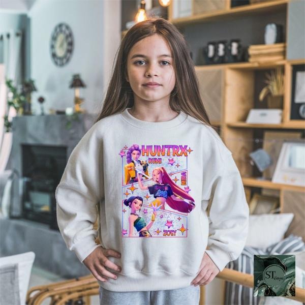 Huntrix Kpop Demon Hunters Kpop Graphic Sweatshirt for Kids & Adults Long Sleeve Colorful Character Design Inspired by Kpop Culture